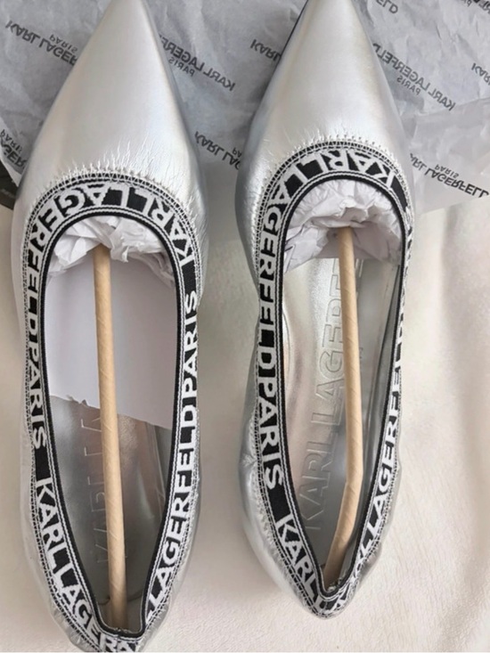 Karl Lagerfeld Shoes - Karl Lagerfeld Metallic Silver Pointed Logo Trim Flats